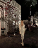 LIZAKOSHT  -  Sexy Deep V Neck Slim Hollow Out Gowns Women Solid Silk Pleated Long Sleeve Slim Maxi Dress New High Street Club Lady Vestidos